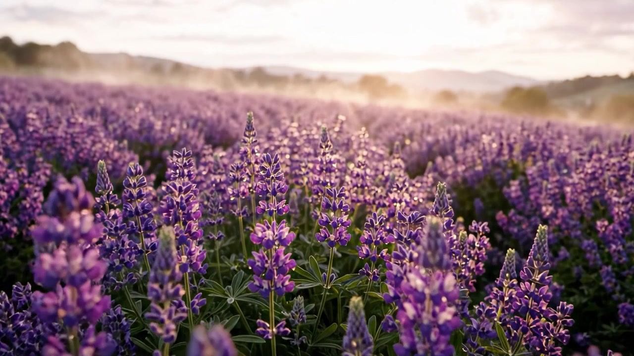 Un sereno campo di lavanda inondato di luce dorata: una suggestiva vista dall'alto che rivela file di fiori viola in fiore sotto un morbido orizzonte mattutino.