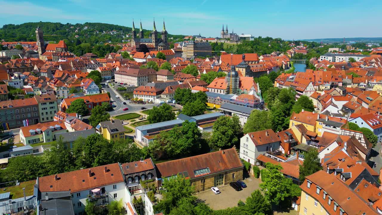 4K Aerial Drone Video of the Beautiful Homes and Historic Churches in the Little Venice Area of Bamberg, Germany