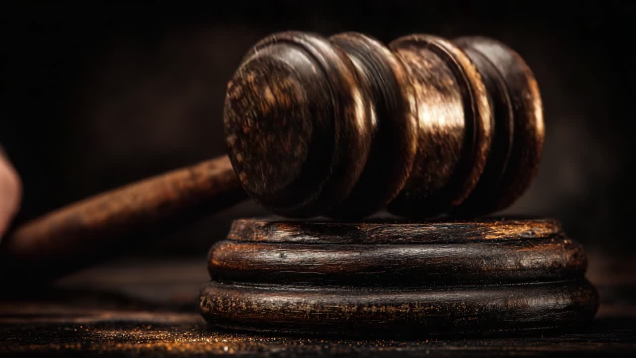 Una vista ravvicinata di un tradizionale martelletto di legno appoggiato su un blocco risonante, che simboleggia giustizia e autorità nei procedimenti legali.