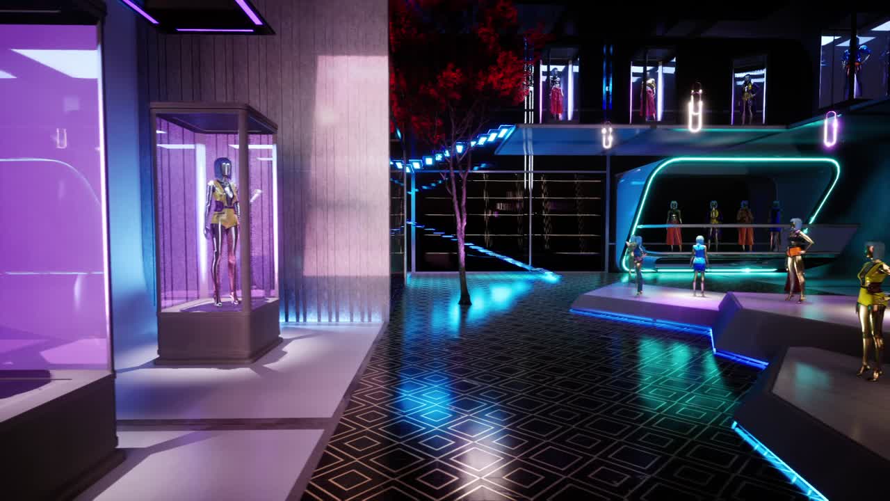 디스플레이 캐비닛과 깜박이는 램프가 있는 패션 룸에 있는 고정식 패션 인형의 3d 애니메이션