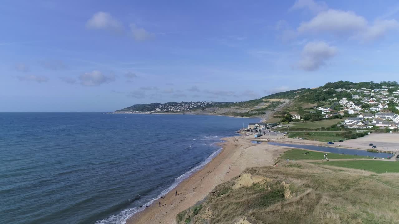 Static aerial across the beach at Charmouth, Dorset