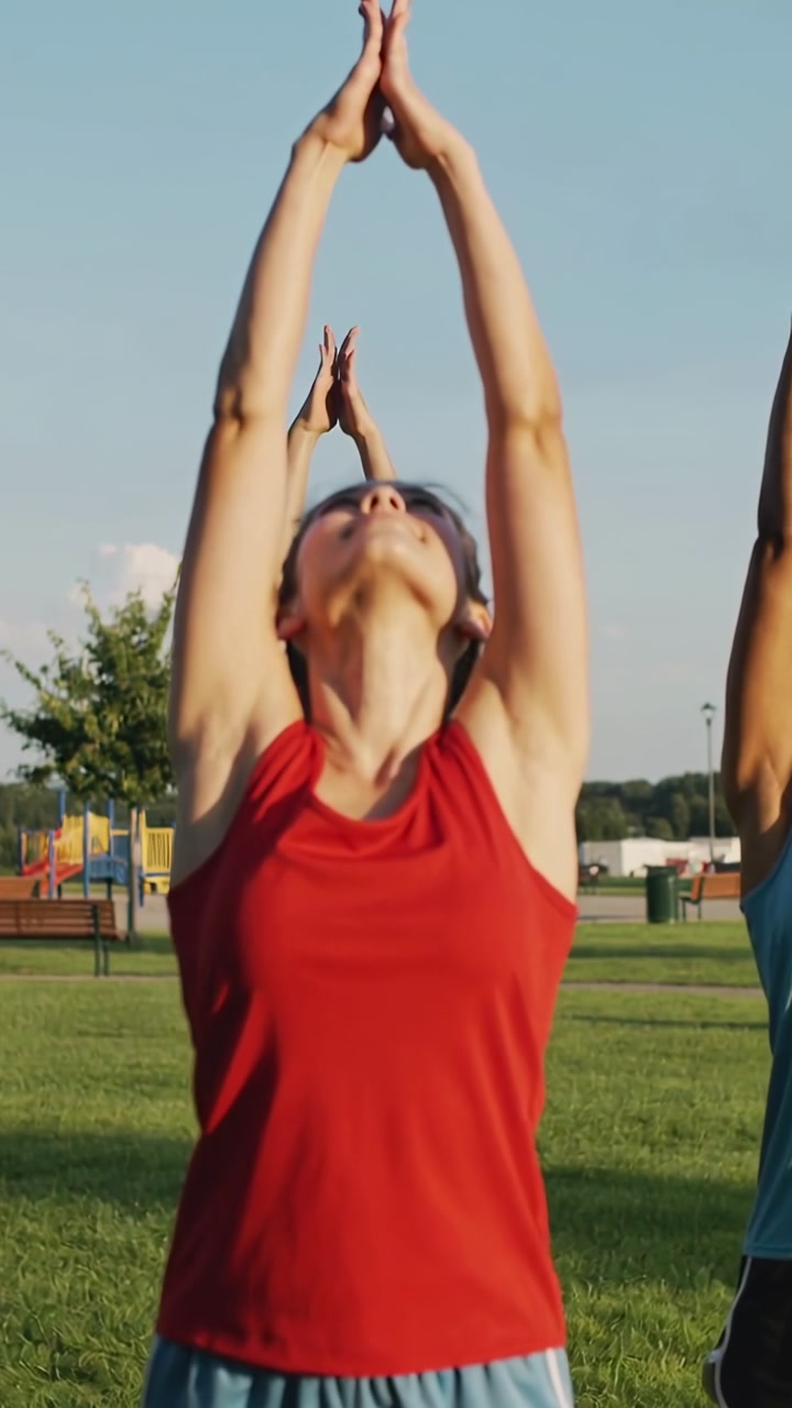 Vertical video: Starting warmup, Asian woman in red top, shorts raising arms in park playground