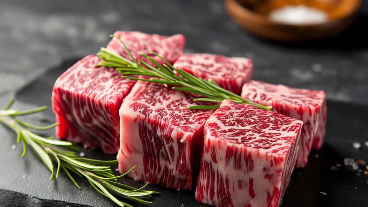 Marbled beef cubes seasoned with fresh rosemary sprigs, arranged on a black slate cutting board, offer an enticing visual for food enthusiasts and culinary professionals
