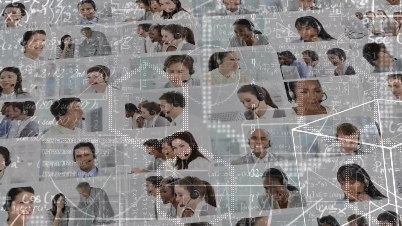 animación de dibujos matemáticos sobre personas de negocios que usan auriculares