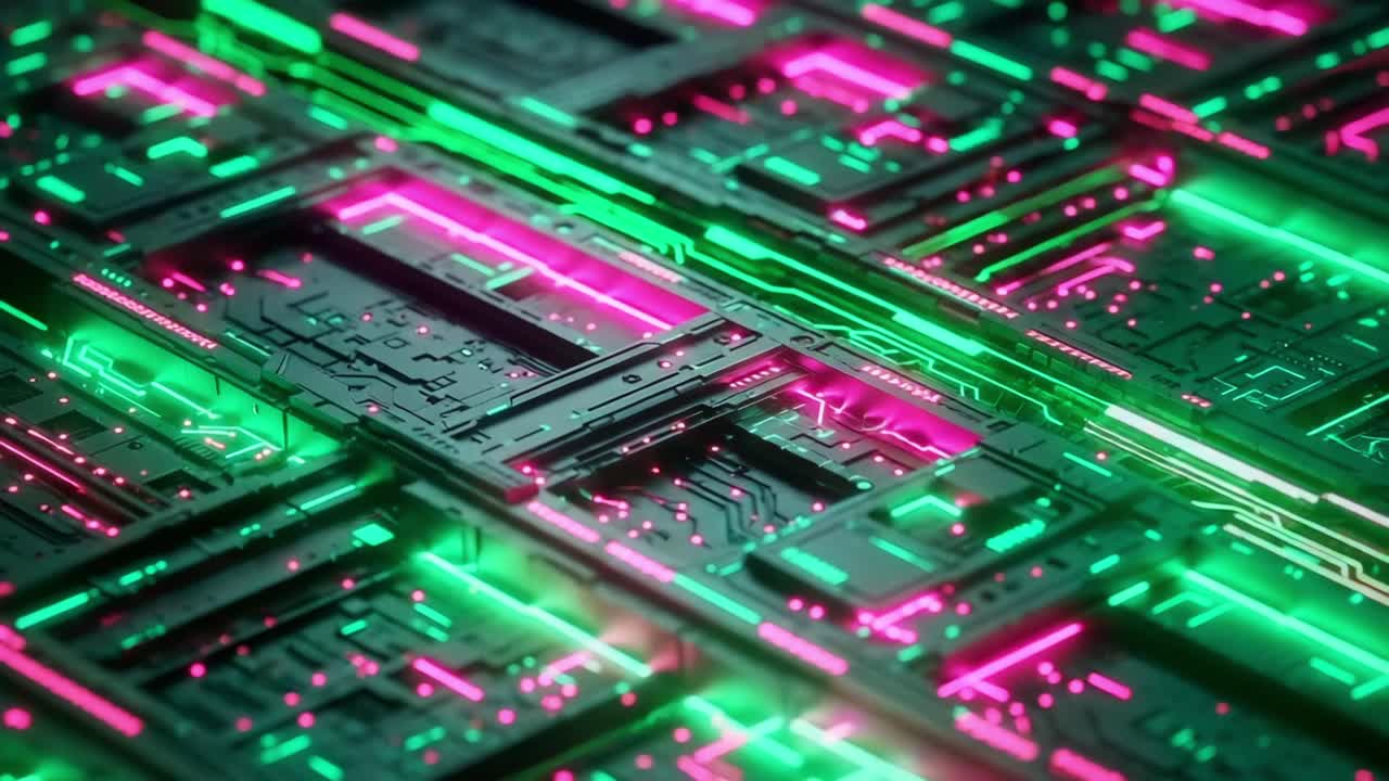 A Close-Up View of a Futuristic Circuit Board with Striking Pink and Green LED Lights Highlighting Complex Patterns and Intricate Details in Technology Design