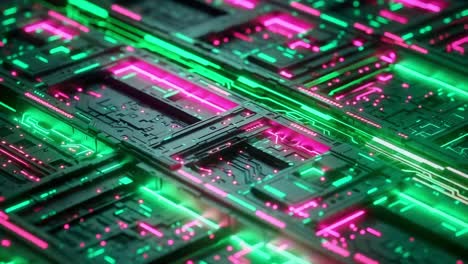 a close-up view of a futuristic circuit board with striking pink and green led lights highlighting complex patterns and intricate details in technology design