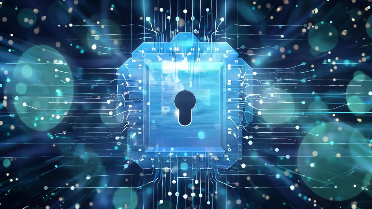 A blue box with a keyhole on it. The box is surrounded by a blue background with a lot of dots