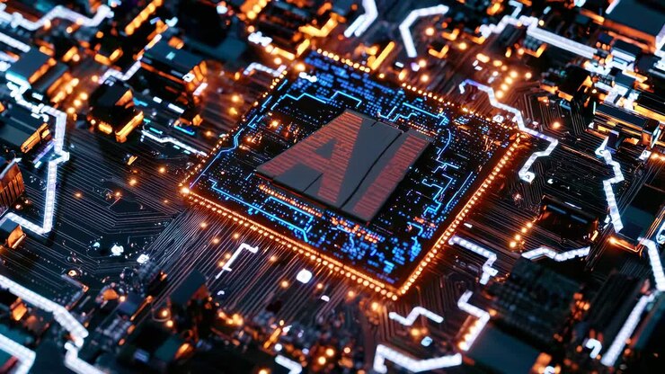 Video concept futuristico di tecnologia AI. Angolazione dall'alto di un chip AI luminoso su un circuito stampato