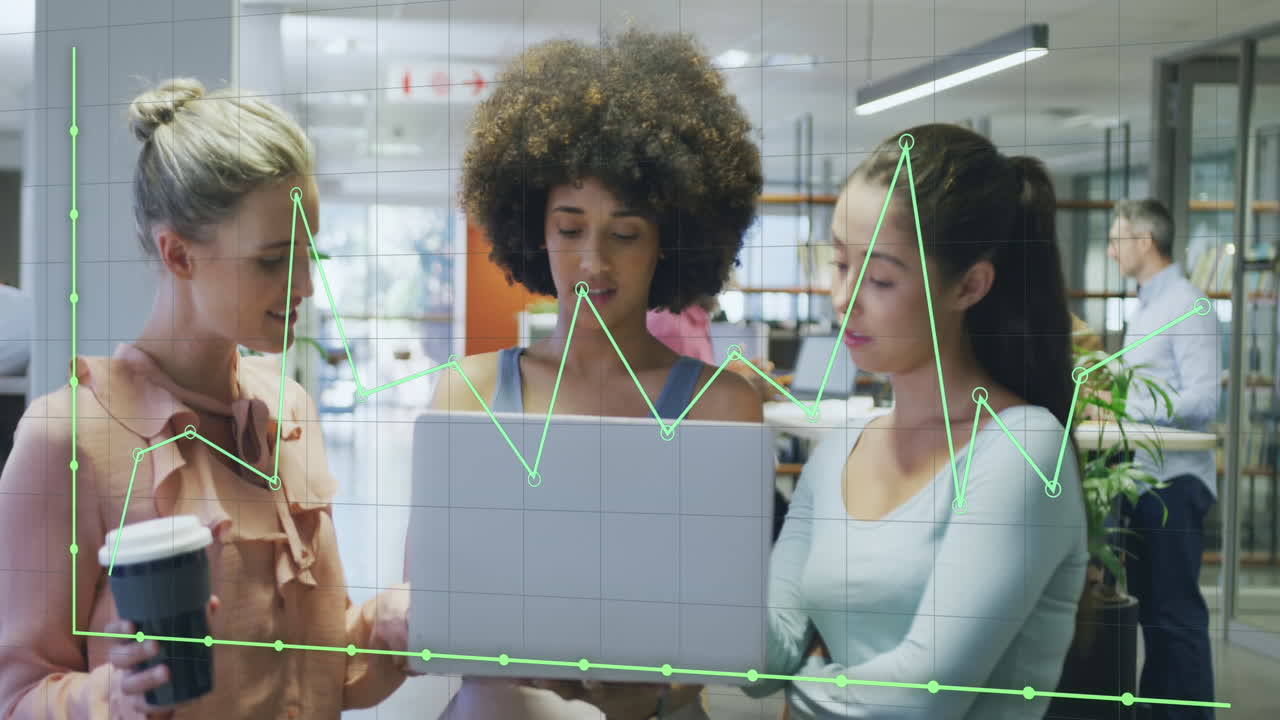 Animation of data processing over diverse business people in office