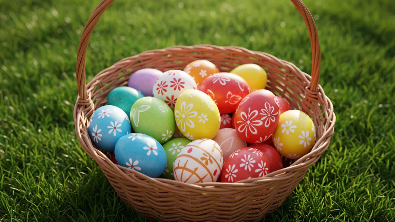 A Vibrant Basket Filled with Colorful Easter Eggs Sitting on Lush Green Grass, Capturing the Joy of Springtime Celebrations and Festive Traditions