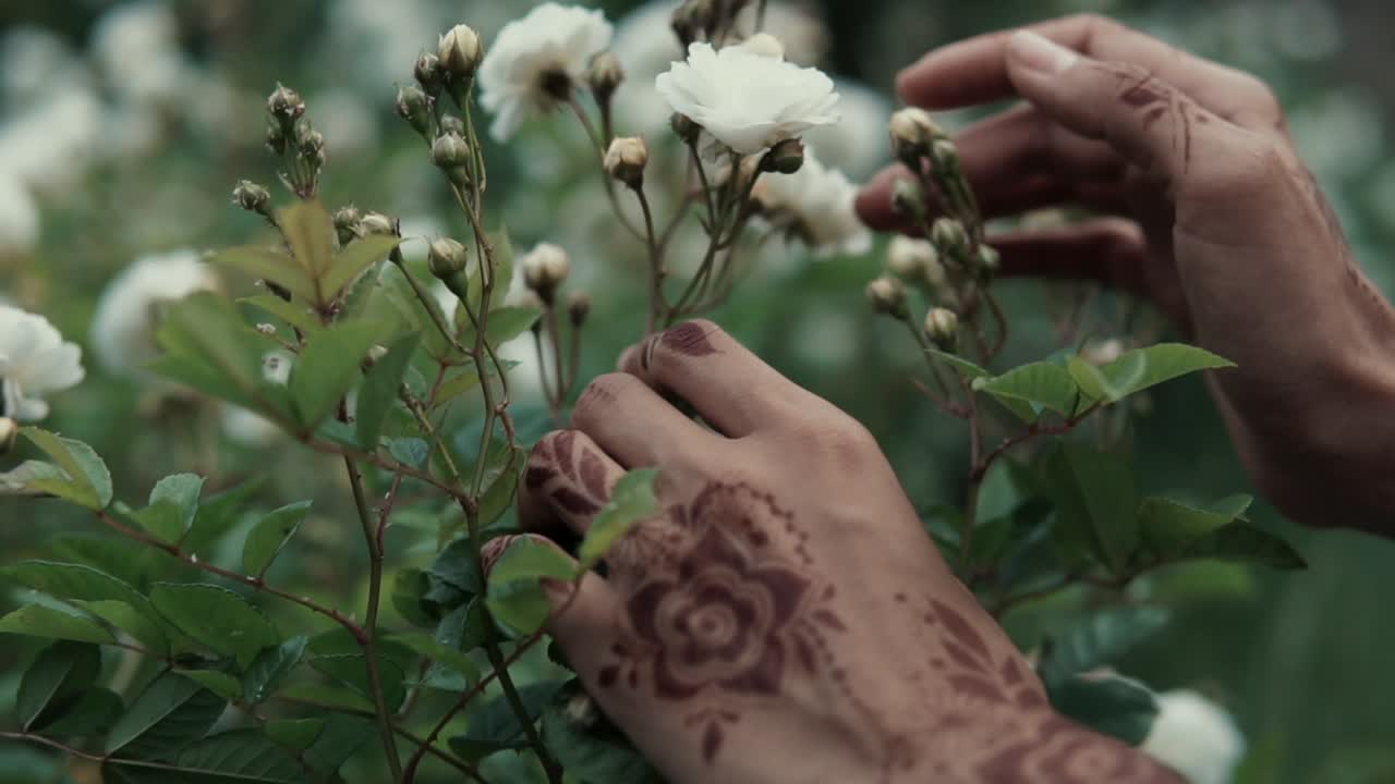 Mani all'henné tra rose bianche