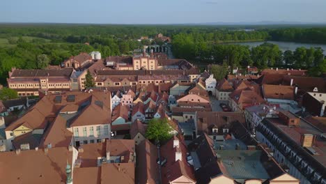 Lovely-aerial-top-view-flight-Historical-brewery-town-Trebon-Wittingau,-South-Bohemia-czech-republic-Europe,-summer-2023