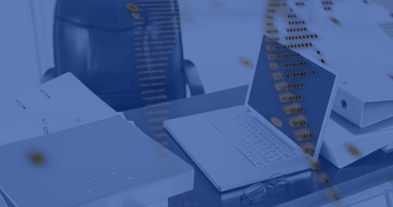 Animation of digital data processing over desk in office