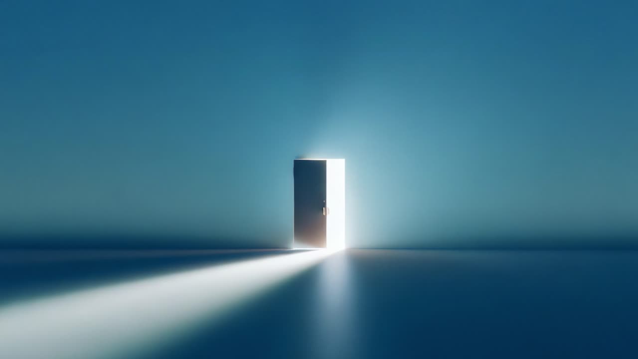 An ethereal doorway appears to beckon in the serene stillness, with radiant beams of light illuminating a pathway into the unknown, symbolizing endless possibilities and exploration