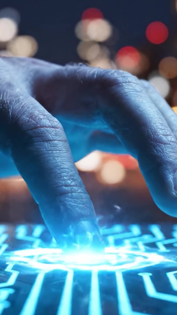 Interazione futuristica: un primo piano di una mano che interagisce con una scheda di circuito avanzata, illuminata da motivi blu luminosi su uno sfondo notturno cittadino.
