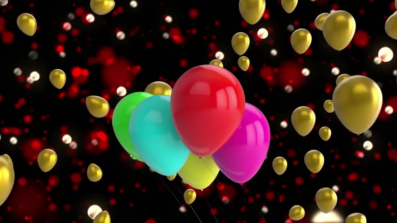 animación de globos coloridos volando sobre burbujas rojas y blancas