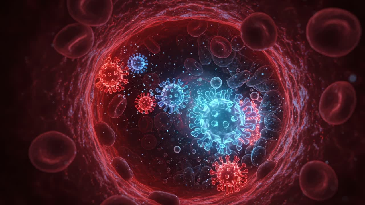 Intricate Visualization of Viral Particles Interacting with Blood Cells in a Microscopic Environment, Highlighting the Battle Between Pathogens and Immune Defense Mechanisms
