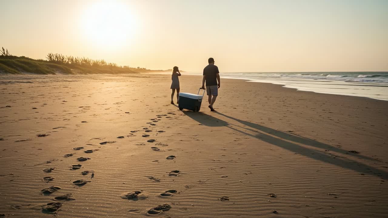 A Serene Sunset Stroll on the Beach: Capturing Moments of Connection as Two Figures Walk Along the Shore with a Cooler, Leaving Footprints in the Sand