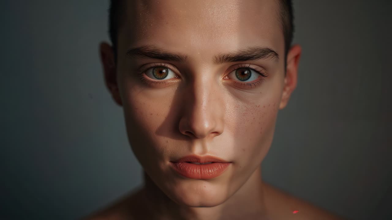 Mulher abrindo os olhos e entreabrindo os lábios, reagindo em estúdio enquanto um feixe estreito ilumina seu rosto e ombros.