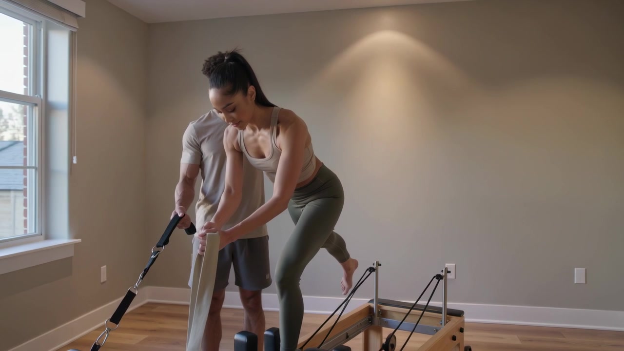 Mulher de leggings segurando a alça, colocando o pé no reformer, equilibrando a perna em casa, com o treinador auxiliando.