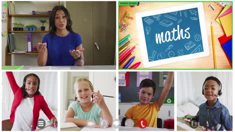 animación de seis pantallas de diversos niños, maestros y textos de matemáticas durante la lección escolar en línea