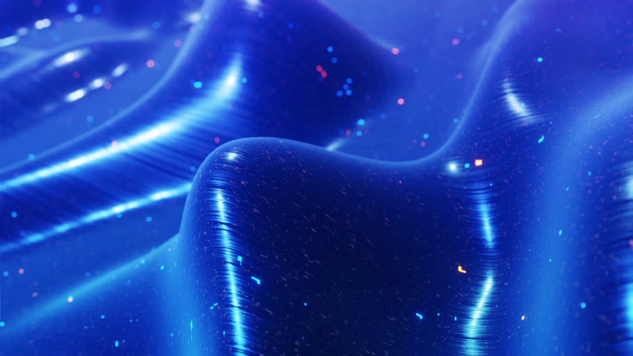 fantastical festive blue bg. Stylish abstract looped background, waves move on glossy surface like landscape made of liquid blue wax with sparkles. Beautiful soft background with smooth animation 4k
