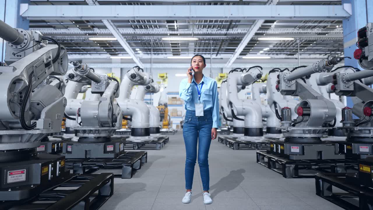 mujer hablando por teléfono en una fábrica con muchos robots