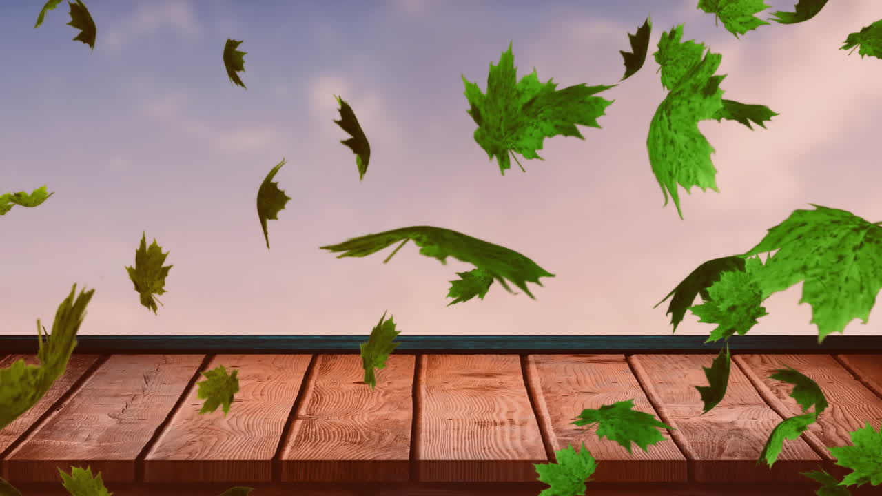 Animation of autumn leaves falling over wooden surface and sky background