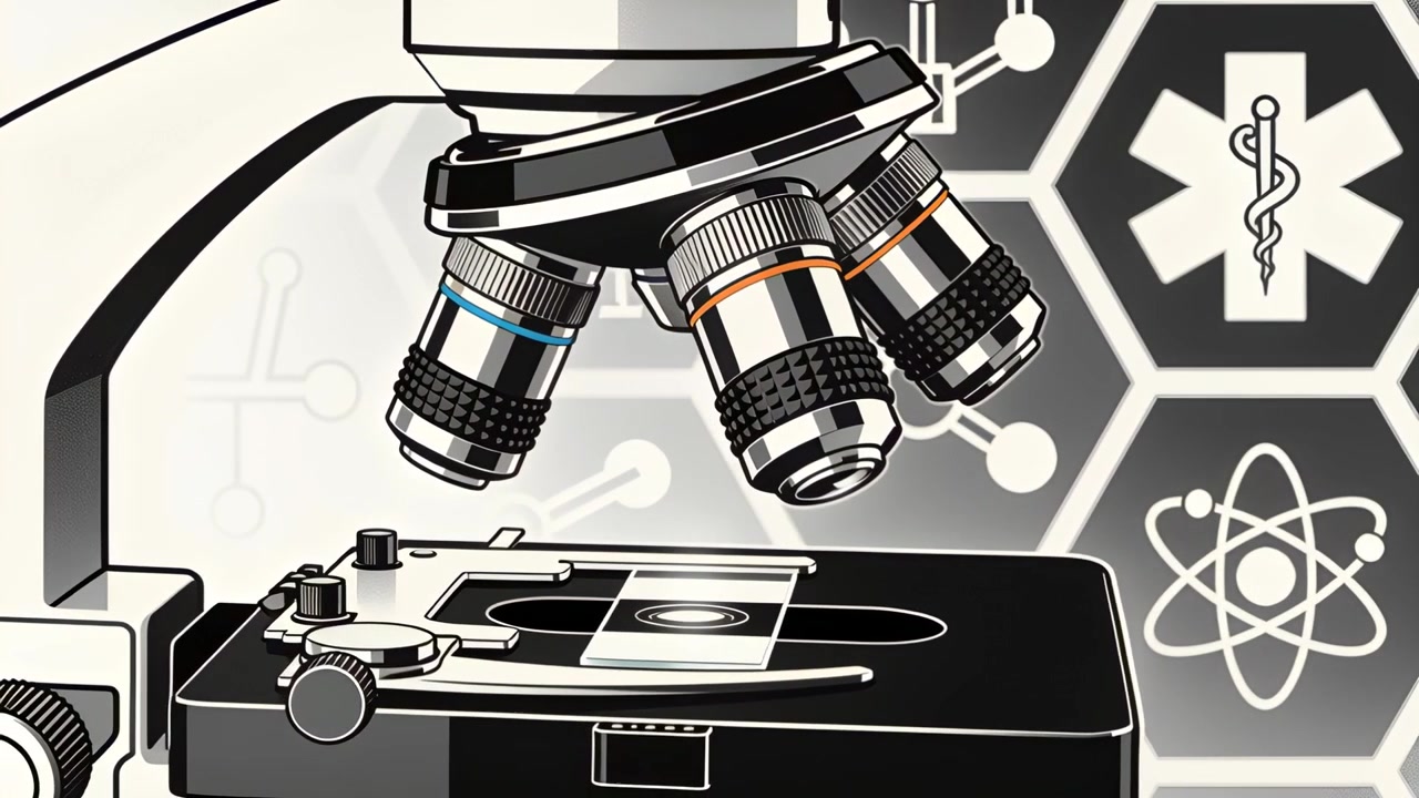 La torretta rotante di un microscopio composto posiziona obiettivi blu e arancioni sopra un vetrino in laboratorio per ingrandire.