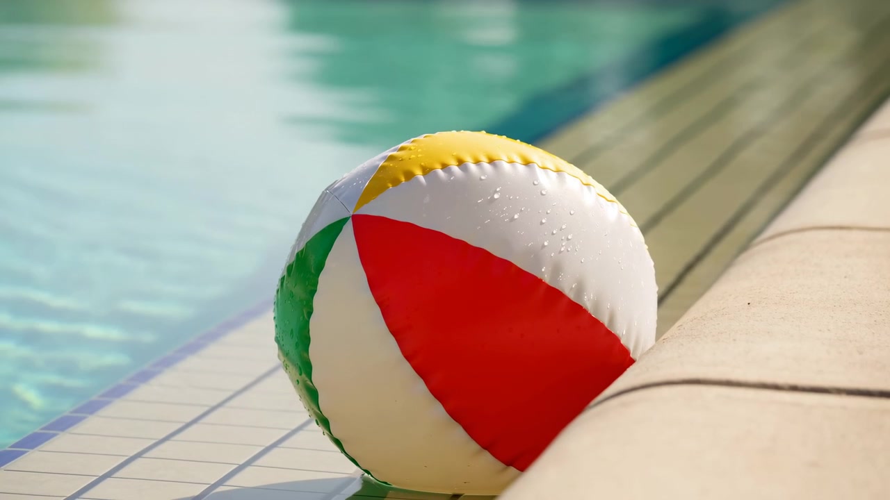 Una pelota de playa gira alrededor del borde de una piscina en una terraza de azulejos durante un relajado período de vacaciones de verano, mostrando una pelota de goma roja y blanca en una escena acuática capturada en un primer plano, ligeramente elevada.