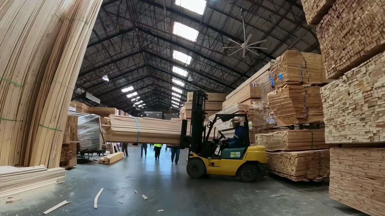 Video grandangolare di un magazzino di legname, che mostra pile di legno e un carrello elevatore in azione