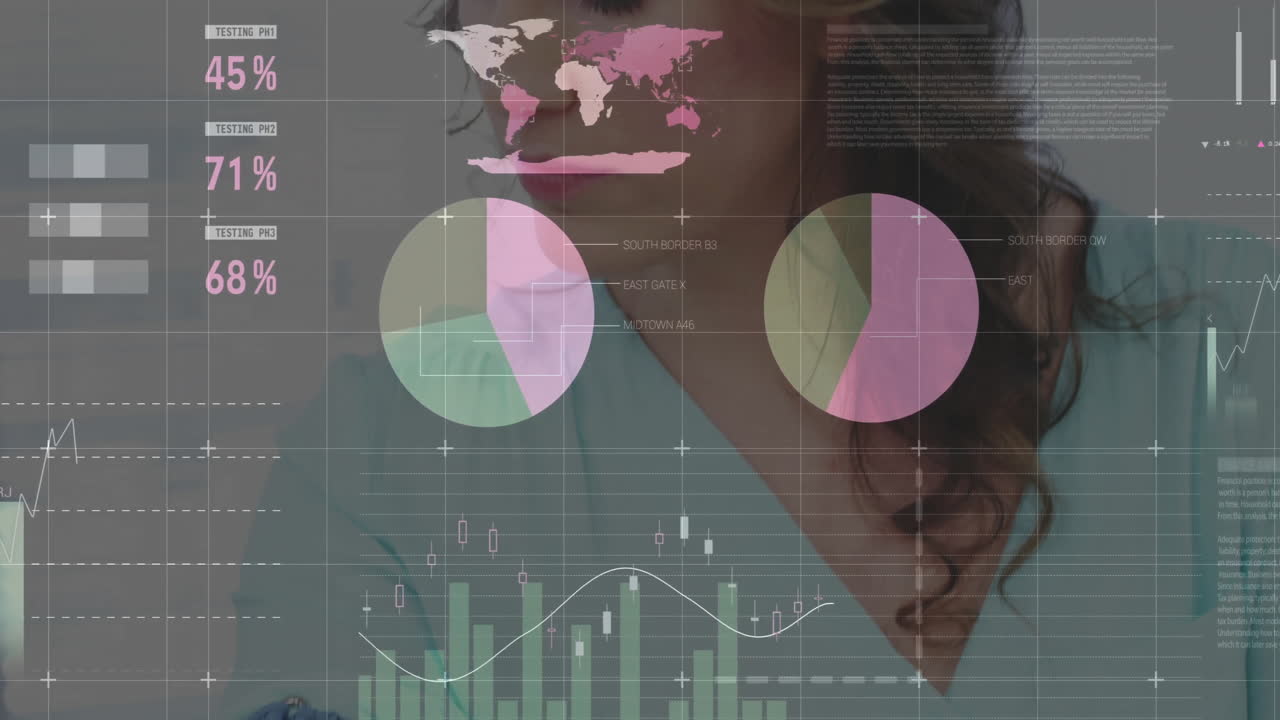 Woman wearing scrubs analyzing medical data using pie charts, bar, line graphs, world map