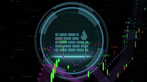 animación de gráficos sobre texto de seguridad cibernética en el icono de escudo y cortafuegos contra números cambiantes
