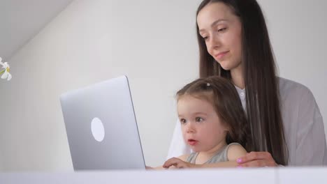 a woman who works from home at the computer a woman who works from home at the computer a working mother with a small child