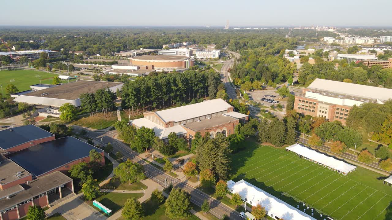 Demonstration Hall and Jenison Field House of Michigan University, aerial drone view