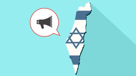 animation of a long shadow israel map with its flag and a comic balloon with a megaphone icon