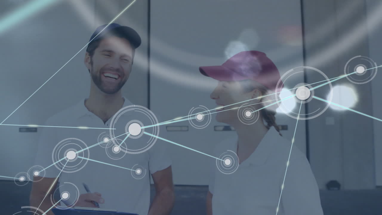 animación de la red de conexiones sobre feliz entrega hombre y mujer en el centro de envío