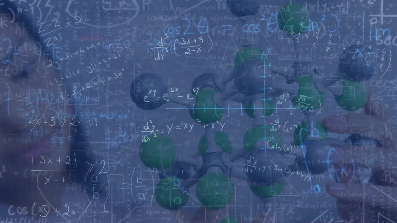 분자 모델을 가진 아시아 여성에 대한 수학 공식의 애니메이션