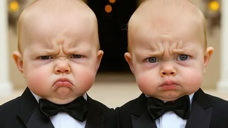 two babies in tuxedos with their mouths open and their eyes closed