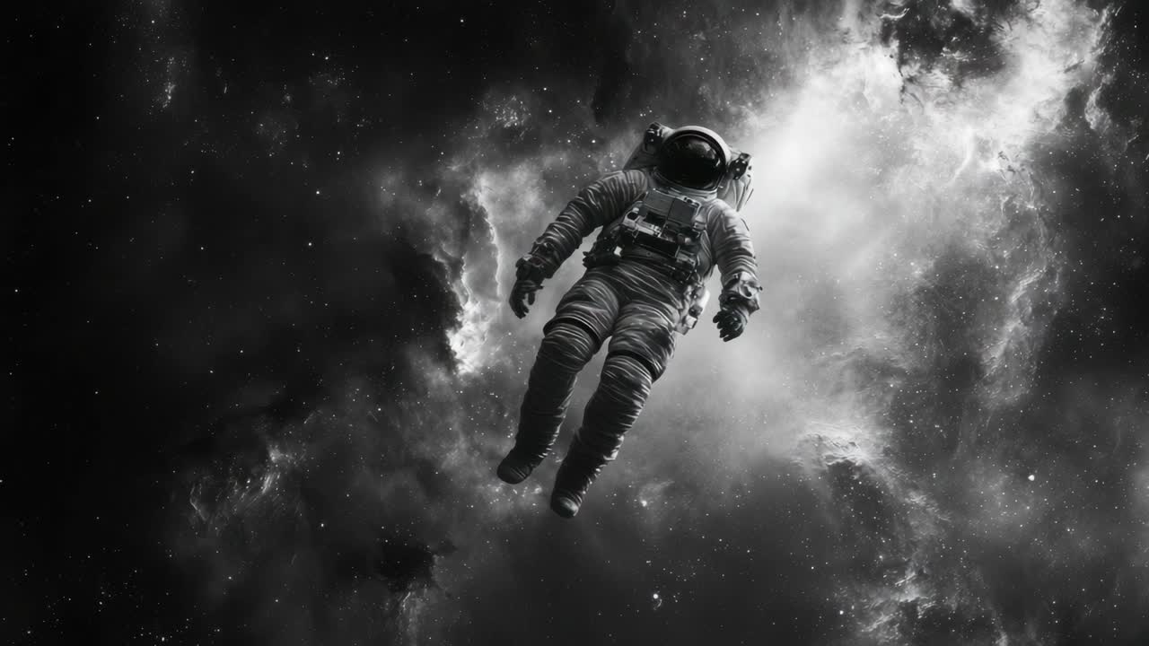A black and white video still of an astronaut floating in space, captured from a low angle