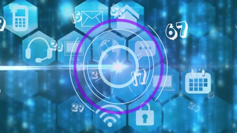 animation of digital interface showing circular scope with floating numbers and media icons in blue