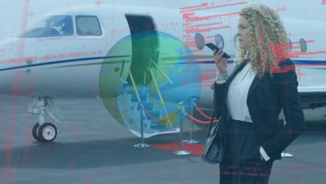 Spinning-globe-and-data-processing-over-businesswoman-talking-on-smartphone-at-airport-runway