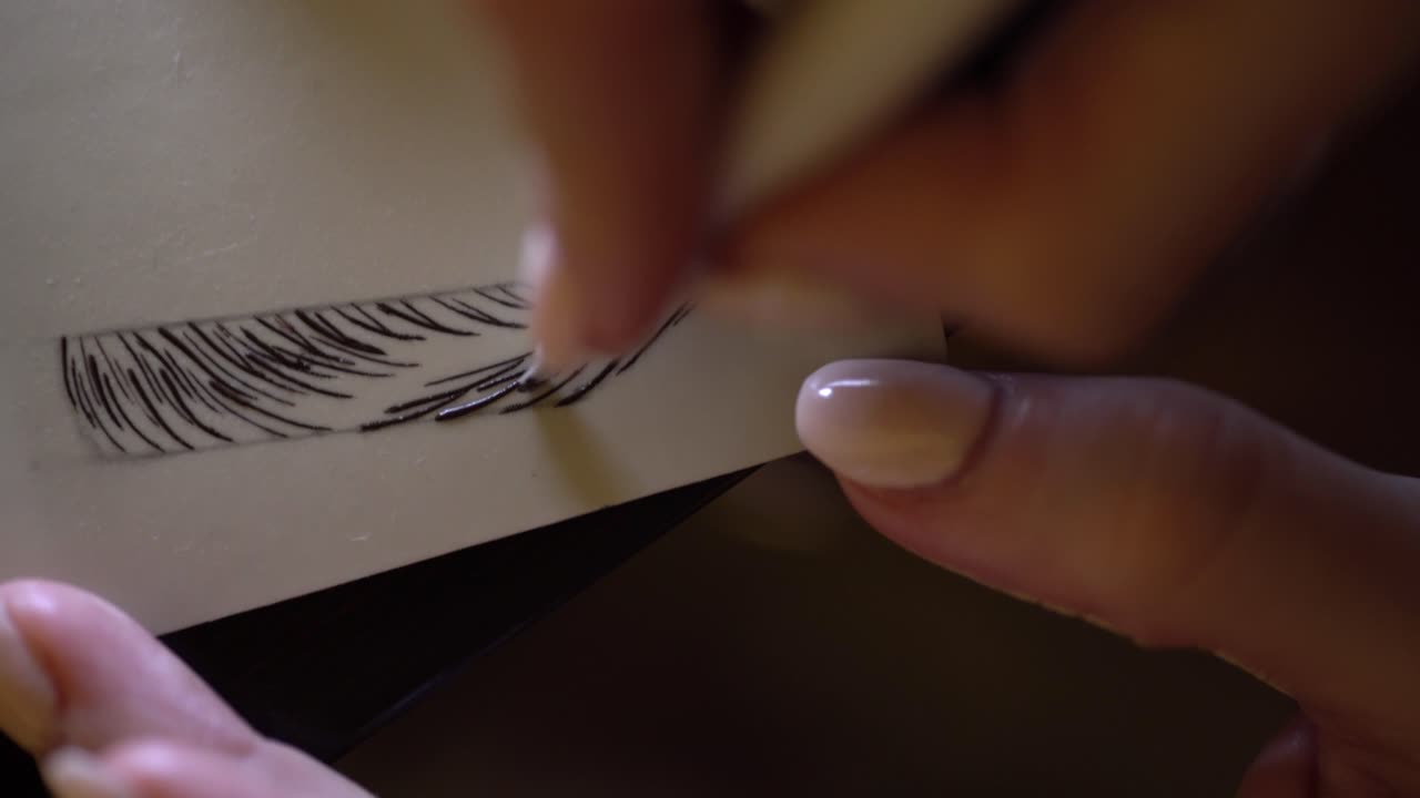 chica practica microblading de maquillaje permanente en piel falsa