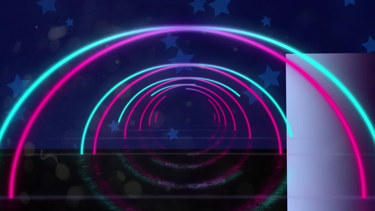 밤하늘의 물선과 별 위에 움직이는 다채로운 기하학적 모양의 애니메이션