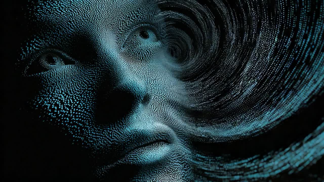 A surreal exploration of identity and consciousness is portrayed through a mesmerizing visual of a human face transforming within a swirling vortex of particles, emphasizing the connection between technology and emotion