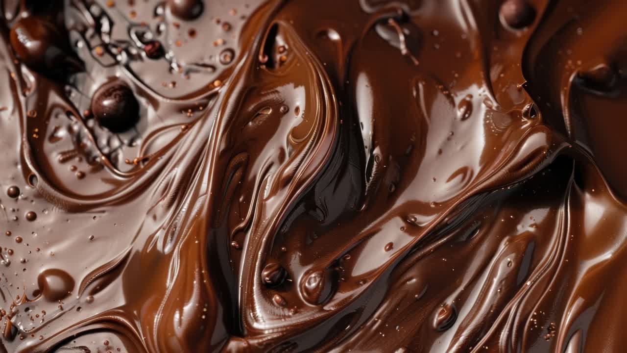 Video ravvicinato di ricchi vortici di cioccolato fuso con una texture lucida