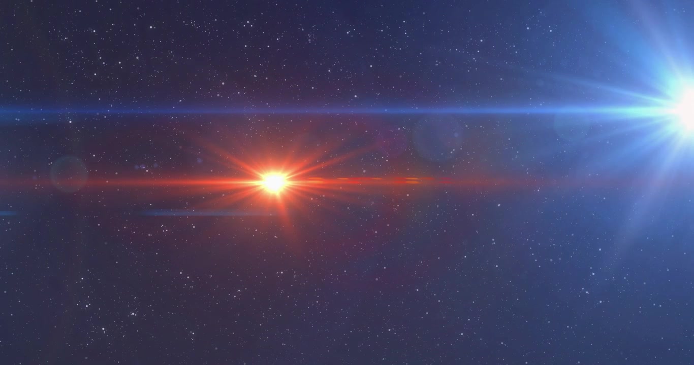 Orange flare appearing left, traveling center, flaring into starburst, shifting blue flare hues