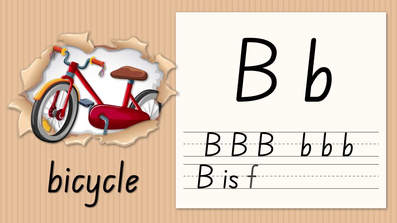 Video educativo animato che insegna la lettera B utilizzando un'illustrazione di bicicletta e la pratica della scrittura a mano su carta.