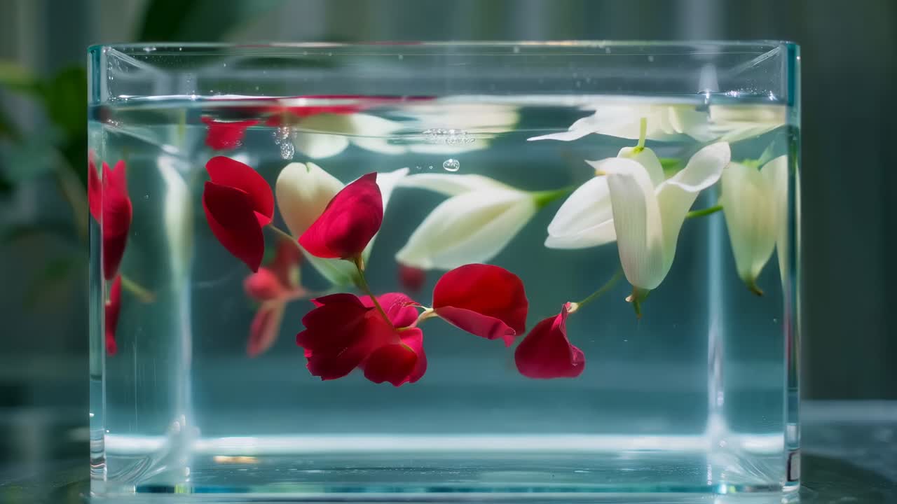 部屋の中で、白い芽と赤い花びらが反射するテーブルトップの上を、水の流れが押し流し、それがガラスの水槽にぶつかっている様子。