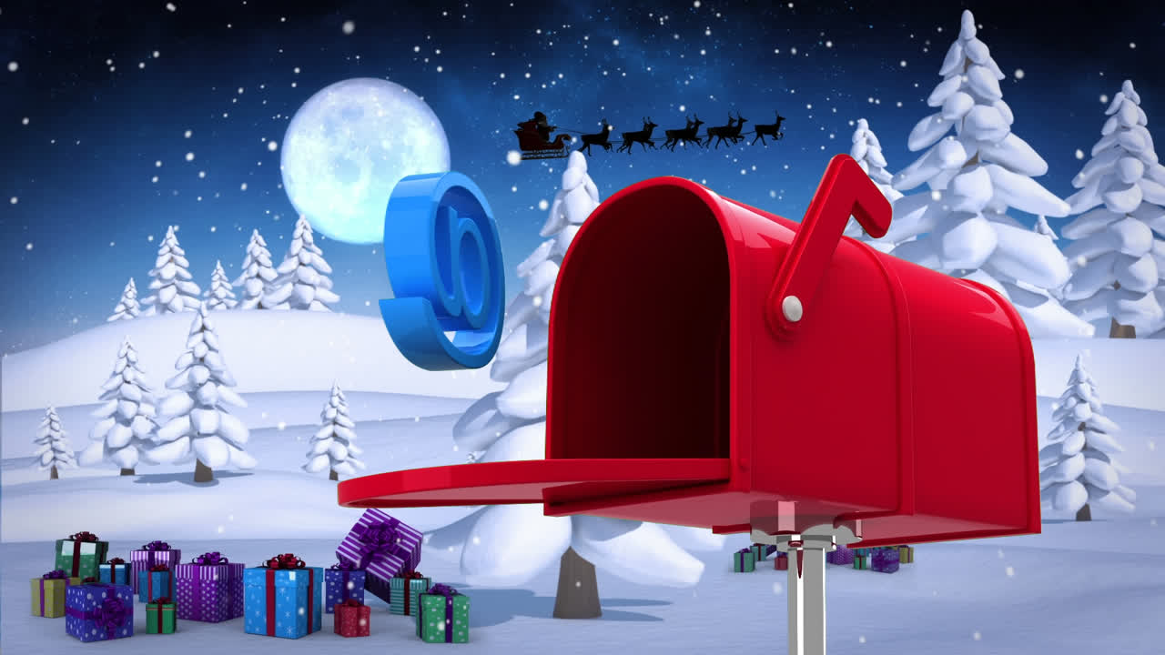 겨울 풍경에서 나무 위에 내리는 눈에 대해 빨간 우편 상자를 넣는 비율 표지판이 다가오고 있습니다.